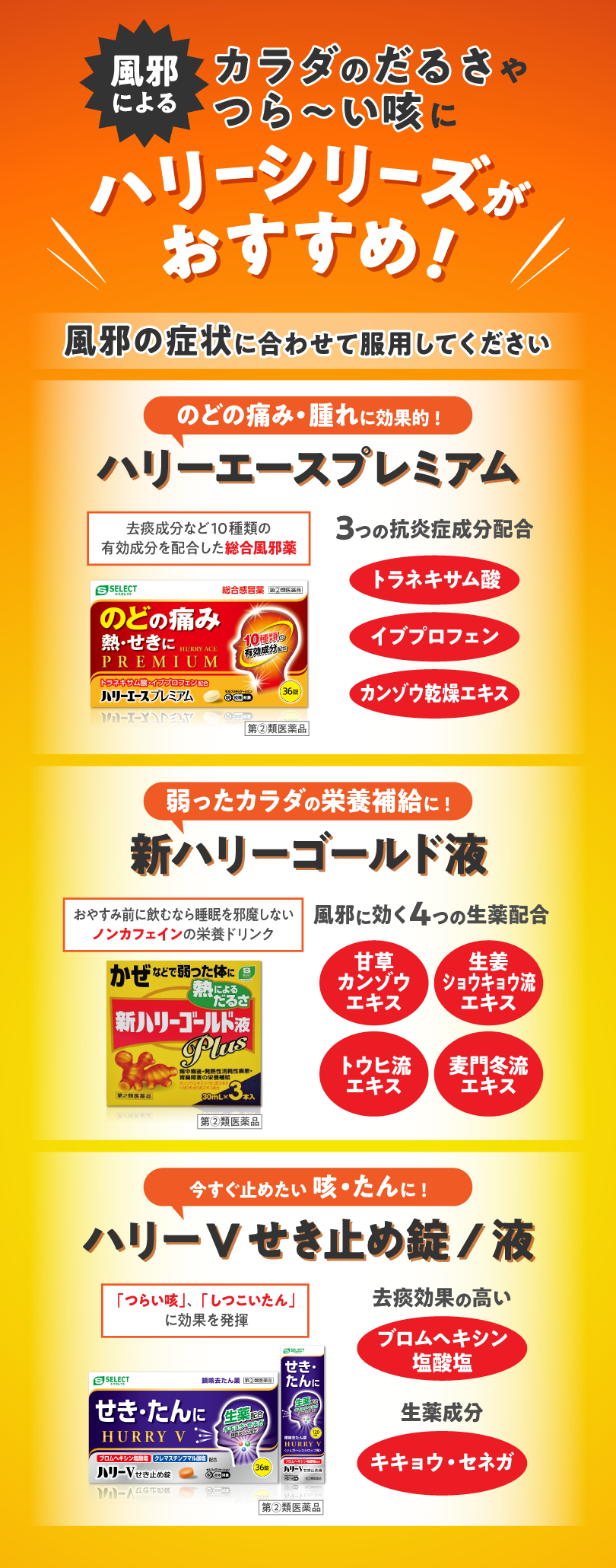 風邪によるカラダのだるさやつら〜い咳に ハリーシリーズがおすすめ！ 風邪の症状に合わせて服用してください